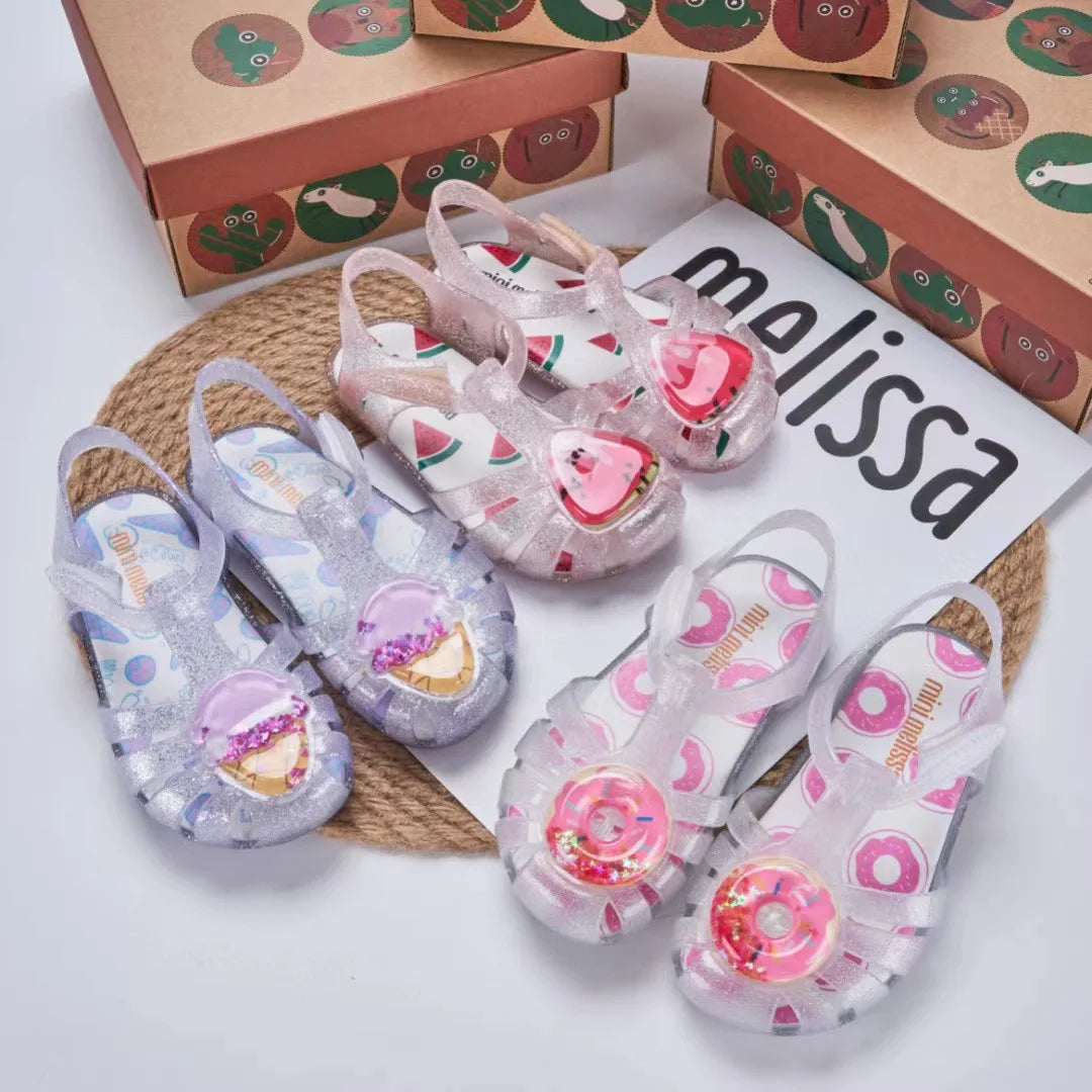Mini Melissa Children Sandals New Girls Sandals Summer 2023 Soft Peep-toe Antiskid Crystal Princess Children Little Girls Sandal