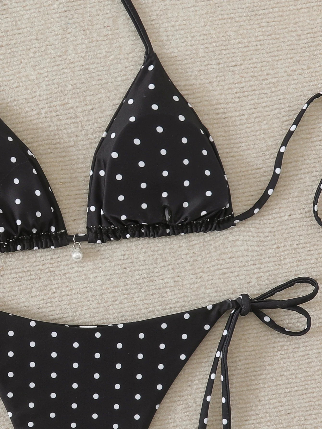 Women's Sexy Polka Dot Halter Bikini Set Lace-Up Low Waist Two-Piece Triangle Thong Swimwear Tie On Side Brazilian Biquinis
