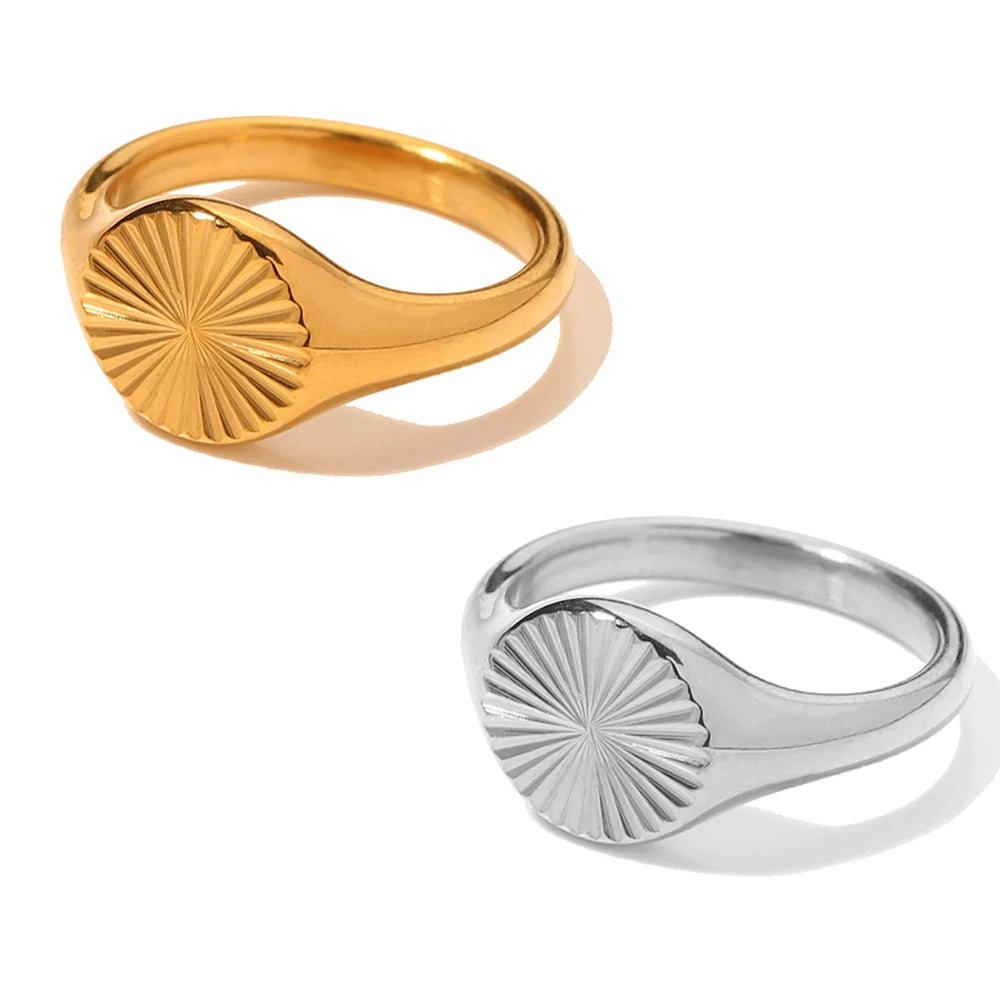 SUNIBI Stainless Steel Rings for Women Gold Color Do Not Fade Wave Rays Texture Signet Dainty Ladies Ring Jewelry Wholesale