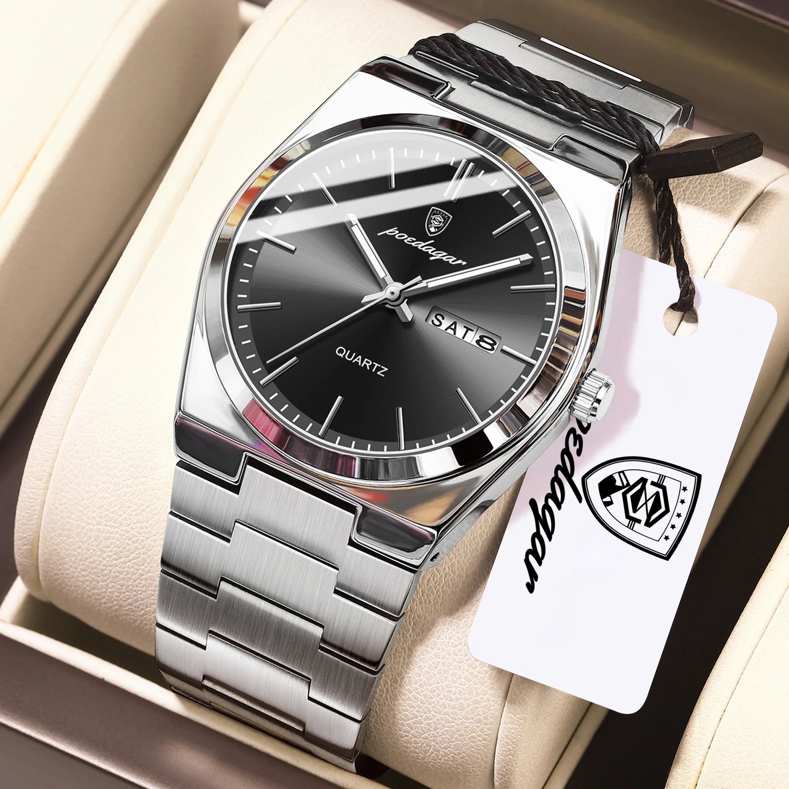 POEDAGAR Luxury Men's Watches Luminous Waterproof Stainless Steel Casual Men Clock Date Week Quartz Fashion Man Wristwatch Reloj