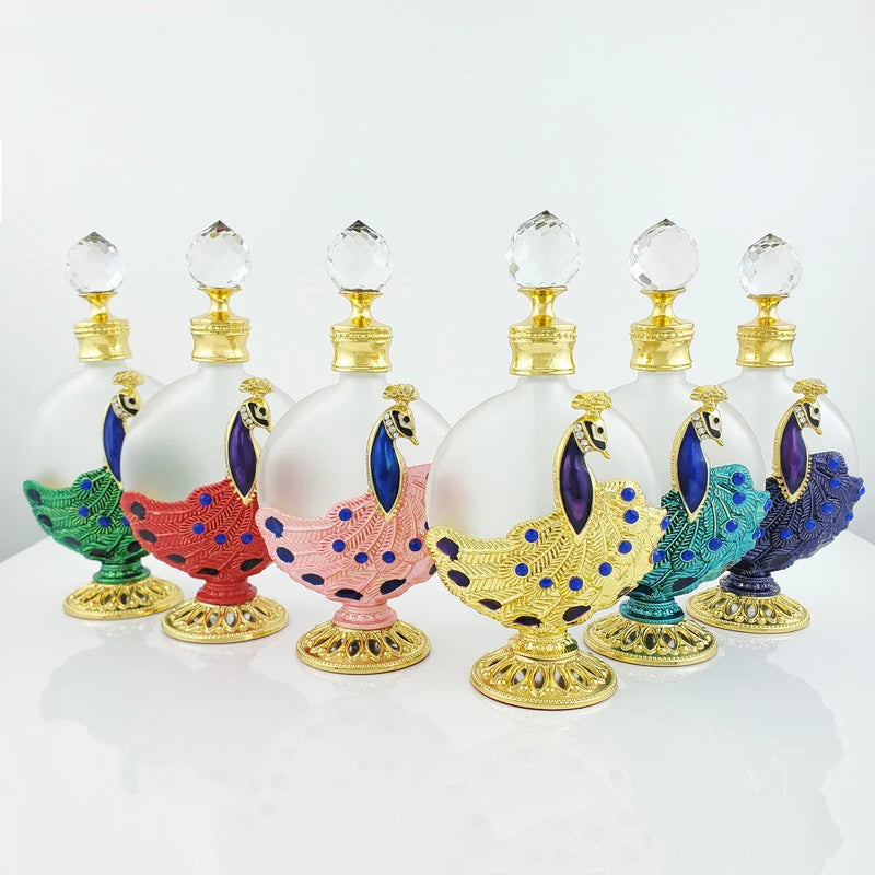 Artistic 30ml Empty Perfume Bottle, Dubai-Inspired Metal and Glass Container Adorned with a Peacock Motif, Great for Refilling E