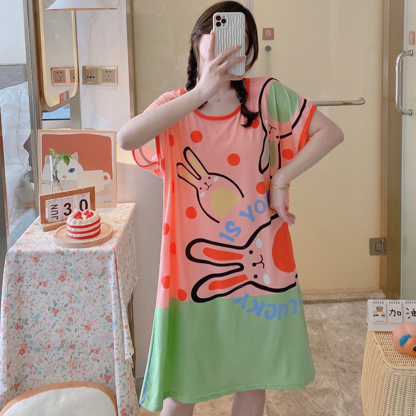 1PC, Summer And Autumn Cool Cute Girls Cartoon Nightdress, Comfortable Short-sleeved Dress, Women's Home Wear, Polyester Pajama
