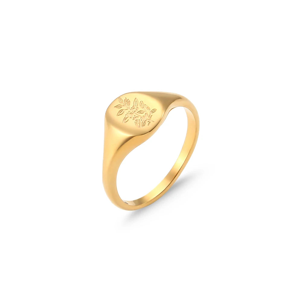 Handmade Tarnish Free Stainless Steel 18k Gold Plated Engraving Wildflower Tea Leaf Lavender Sunflower Signet Rings For Women
