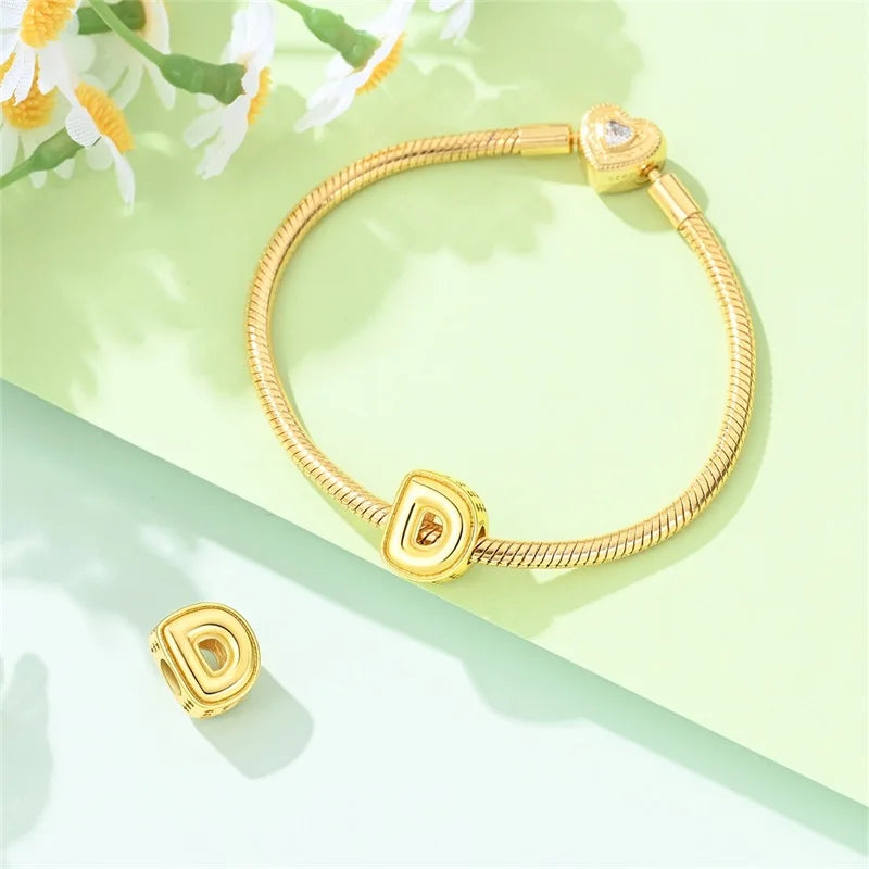 New Hot Sales 925 Sterling Silver 26 Golden Letters Charms Bead Fit Original Bracelet DIY Women Birthday Jewelry Gifts