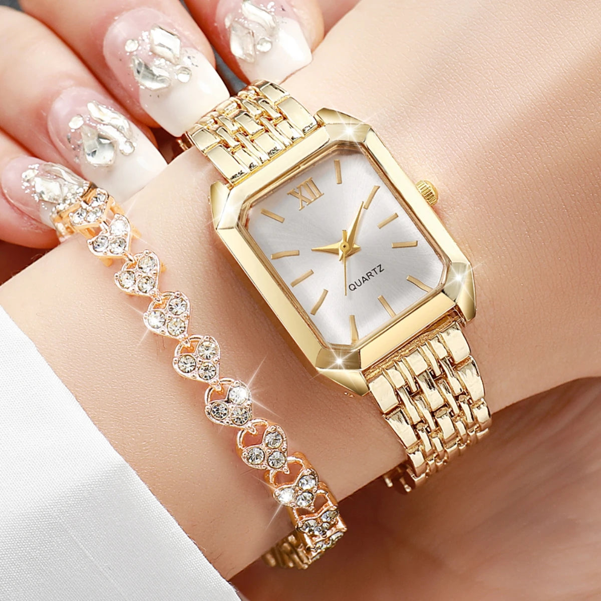 2PCS Fashion Rectangle Women Quartz Watch Rhinestone Bracelet Set Roma Dial Ladies Wristwatches Girls Clock Reloj Mujer