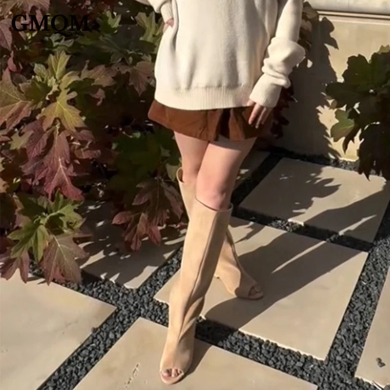 GMQM 2025 New Women’s Slouchy Knee High Boots Open Toe Wedge Heel Wide Calf Pull On For Winter Fall Fashion Casual Dress Tall