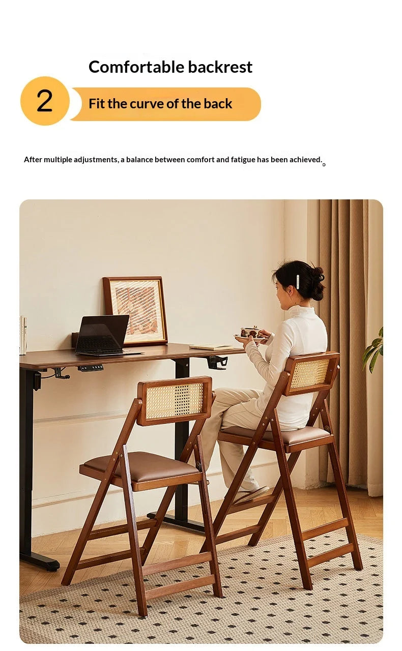 Foldable Wooden Bar Stool High Counter Stool Rattan Back Modern Minimalist Kitchen Island Breakfast Bar Dining Room Furniture