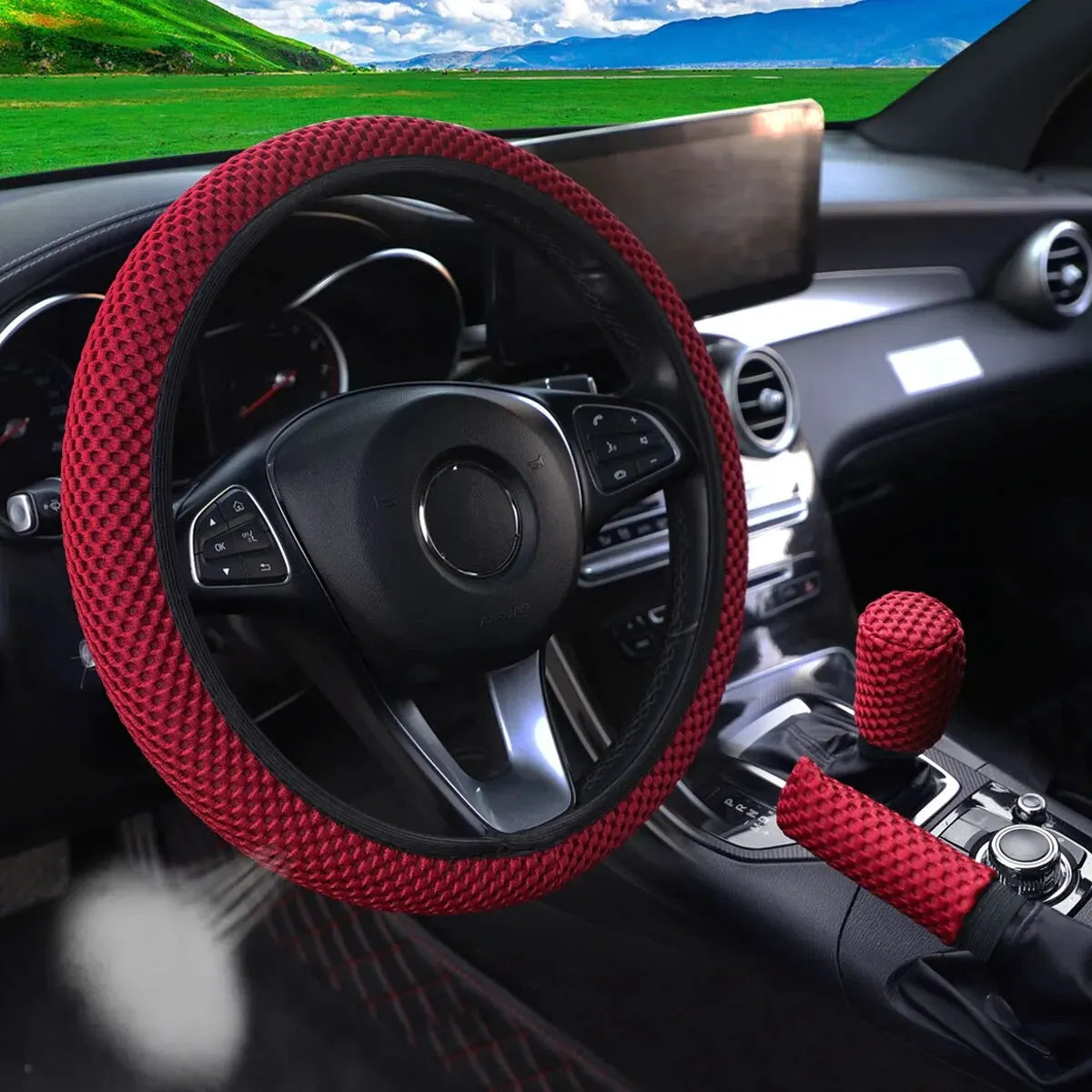 3 Car Massage Mesh Cloth Steering Wheel Cover Handbrake & Handle Cover Set Breathable No Inner Ring for 14.5-15 Inch Accessories