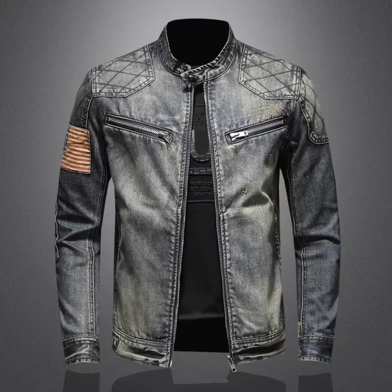 2024 new men's denim jacket trendy retro fashion casual stand-up collar zipper jacket handsome riding biker clothing denim tops