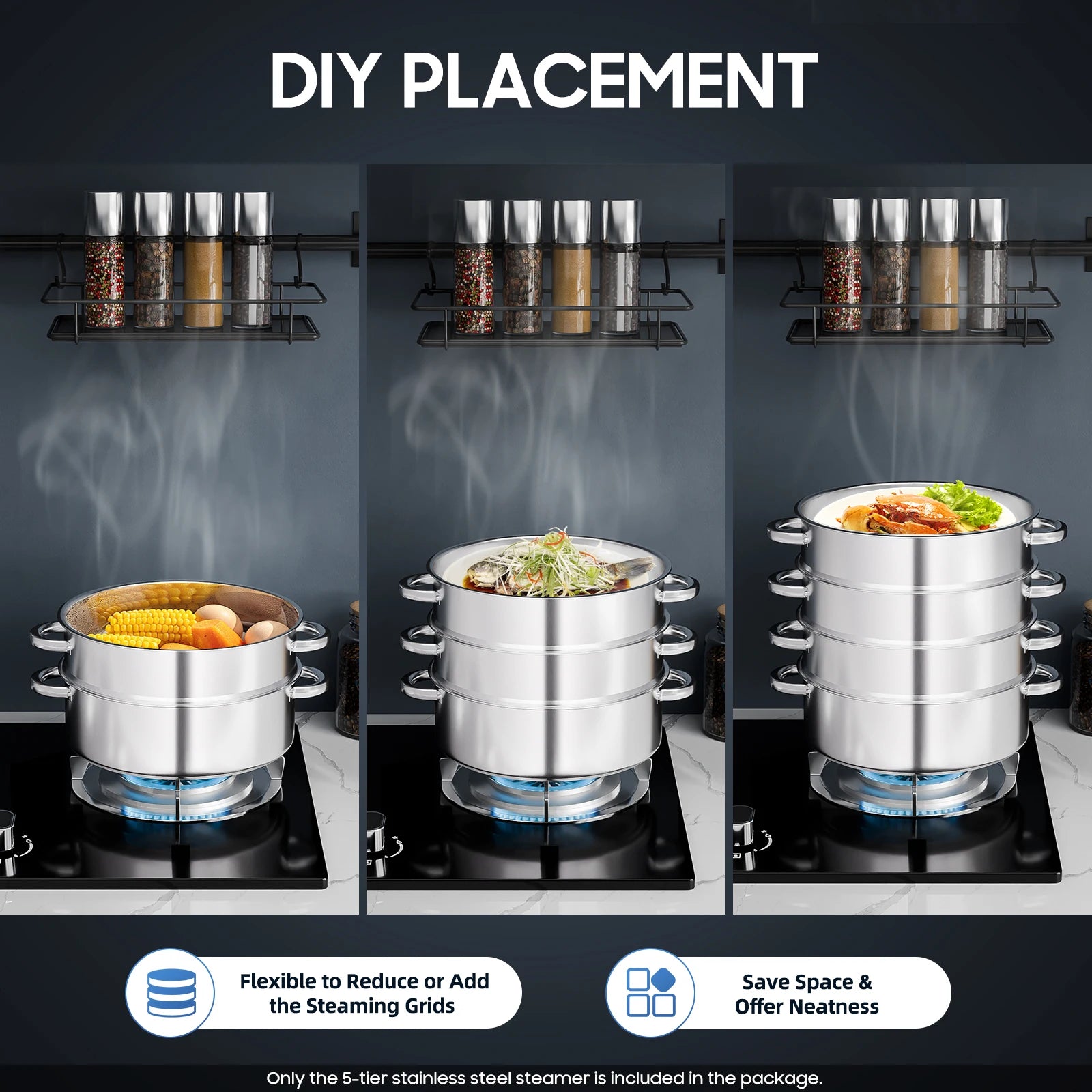 5-Layer Steamer 26cm/28cm/30cm Steam Cooker 304 Food-Grade Stainless Steel 4 Steaming Grids and 1 Cooking Pot W/ Glass Lid