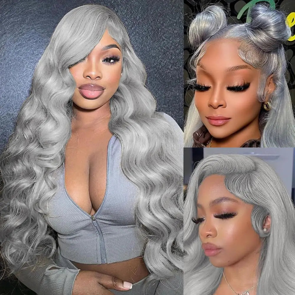 Silver Grey Brazilian Human Hair Wig 13X6 HD Transparent Lace Front Pre Plucked 28 32 Inch 200% Density Body Wave Wigs For Women