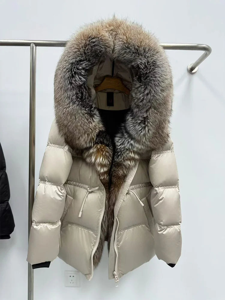 Winter Real Fox Fur Collar Hooded Thick Goose Down Jacket Natural Coat Women Female Outwear Luxury Warm Russia Puffer Jackets