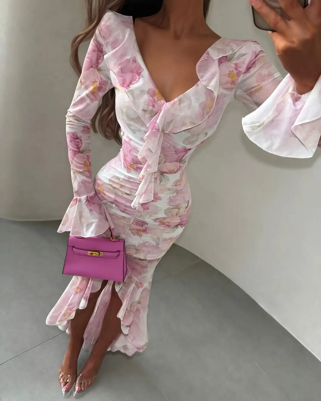 Fashion Organza Floral Printed Maxi Dress V-Neck Puff Sleeve 2026 Spring/Summer Romantic Women Party Gown Elegant Lady Vestido