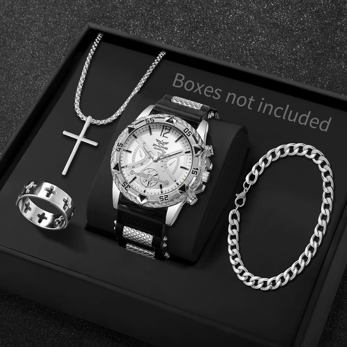 4PCS Fashion Arabic Dial Men Business Quartz Watch CasuSilicone Strap Wristwatch With Necklace Set Reloj Hombre (Without Box)