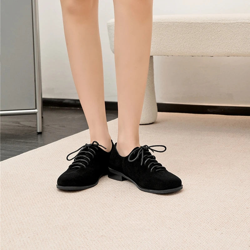 Women Loafer Lace-up 2025 New Spring Shoes Women Suede Genuine Leather Women Oxford Shoes Large Size British Style Women Shoes