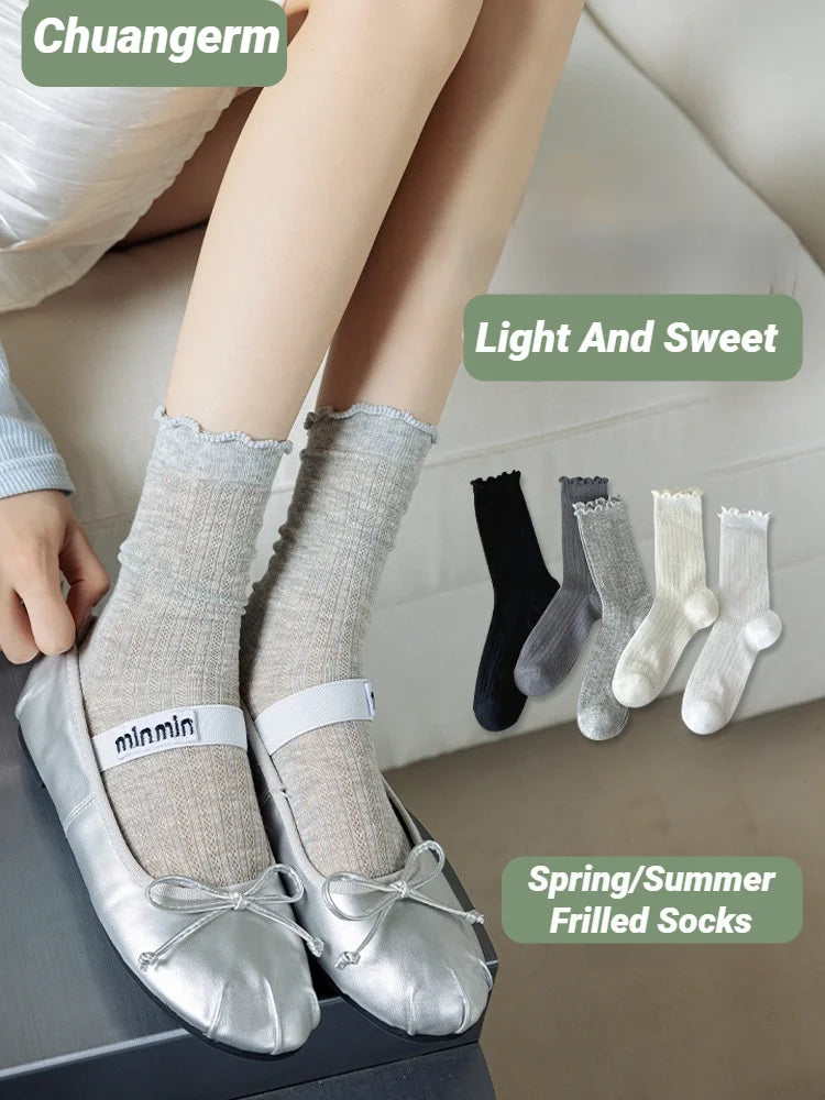 Women Solid Color Mesh Mid Tube Socks Spring Summer Thin Lightweight Breathable Wavy Edge Ballet Style Casual Hollo