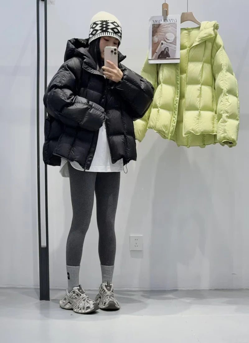 Schinteon Women Light White Down Jacket with Hood Loose Over Size Casual Autumn Winter Outwear Square Warm Short Coat 2026 New