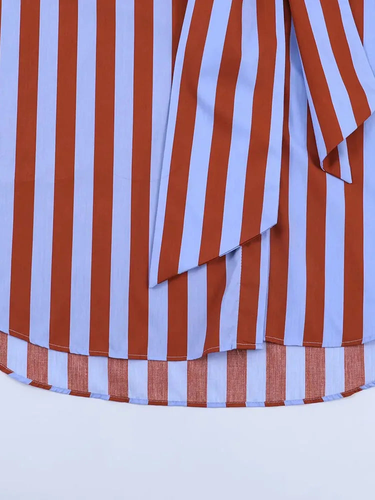 Women New Music Festival Chic Blouse Women's Loose Fit Striped Shirt Bow Single Breasted Simple Casual Female Top