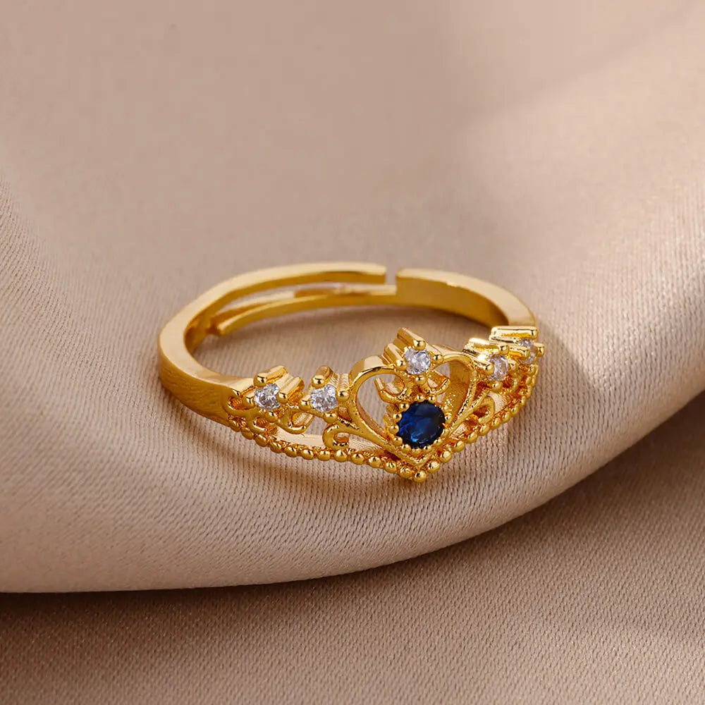 Blue Zircon Crown Rings For Women Stainless Steel Adjustable Crown Ring 2023 Trend Design Female Wedding Jewerly Free Shipping