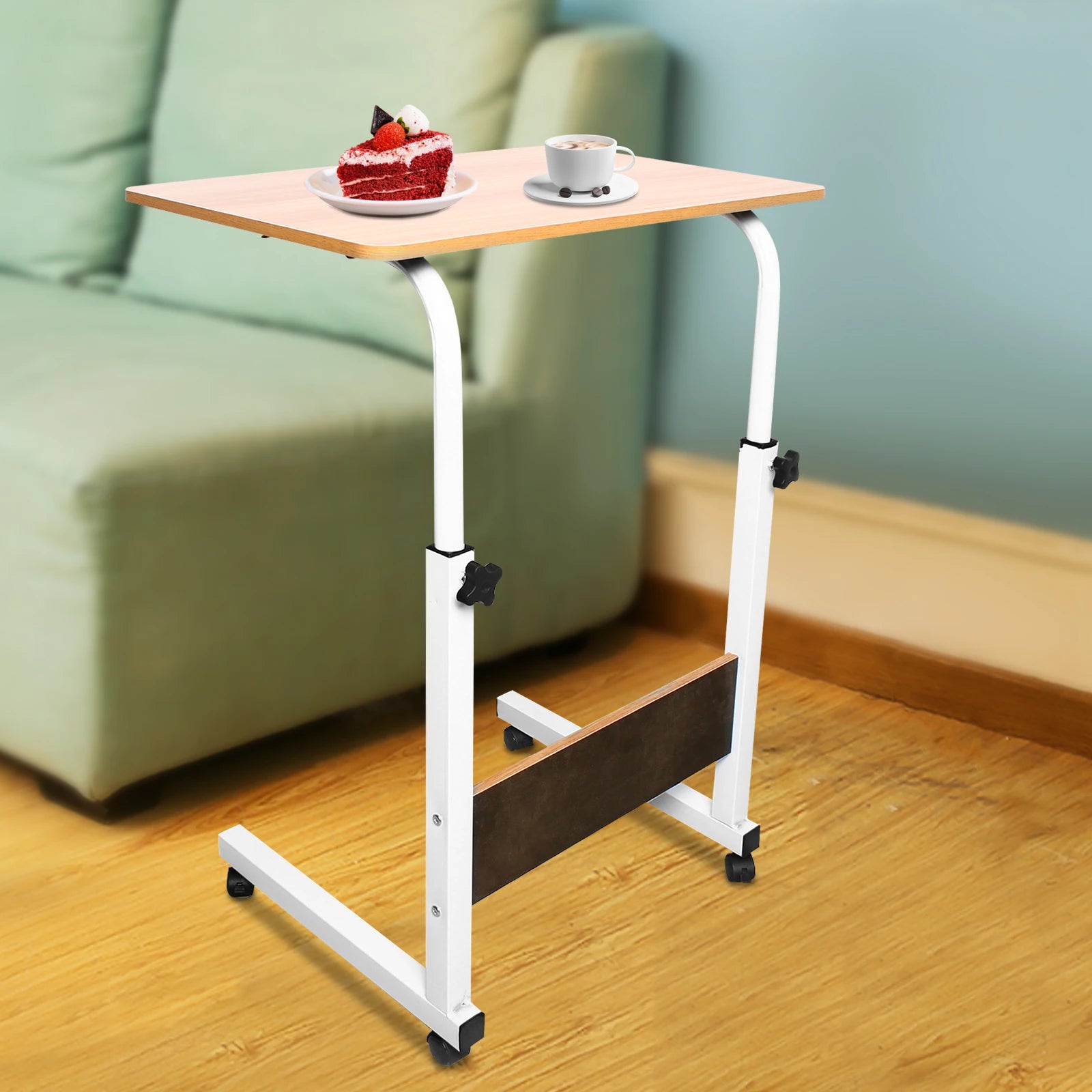 Mobile Laptop Desk 60*40cm Mdf Adjustable Bedside Desk Height Rolling Computer Table with Lockable Wheel for Home Bedroom Dormitory