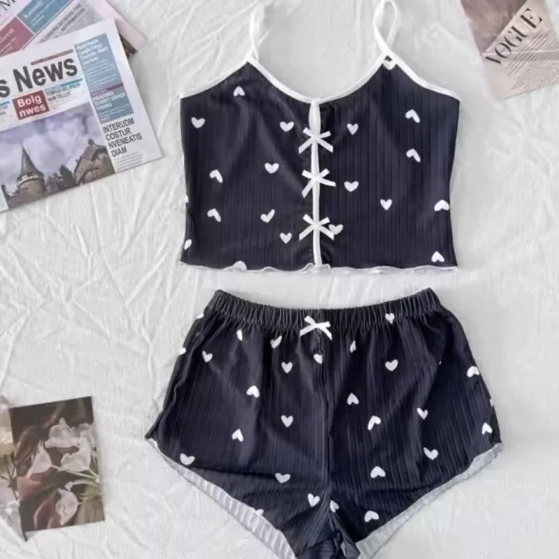 Sexy Sleepwear Women Pajamas Set Heart Print Silk Stain V-Neck Sleeveless Casual Cami Top and Shorts Sets Home Suit Loungewear