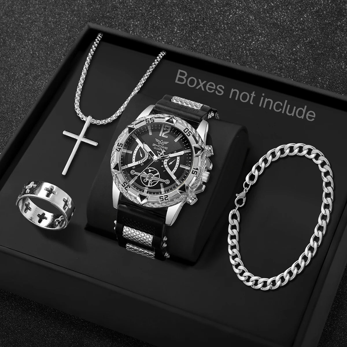 4PCS Fashion Arabic Dial Men Business Quartz Watch CasuSilicone Strap Wristwatch With Necklace Set Reloj Hombre (Without Box)