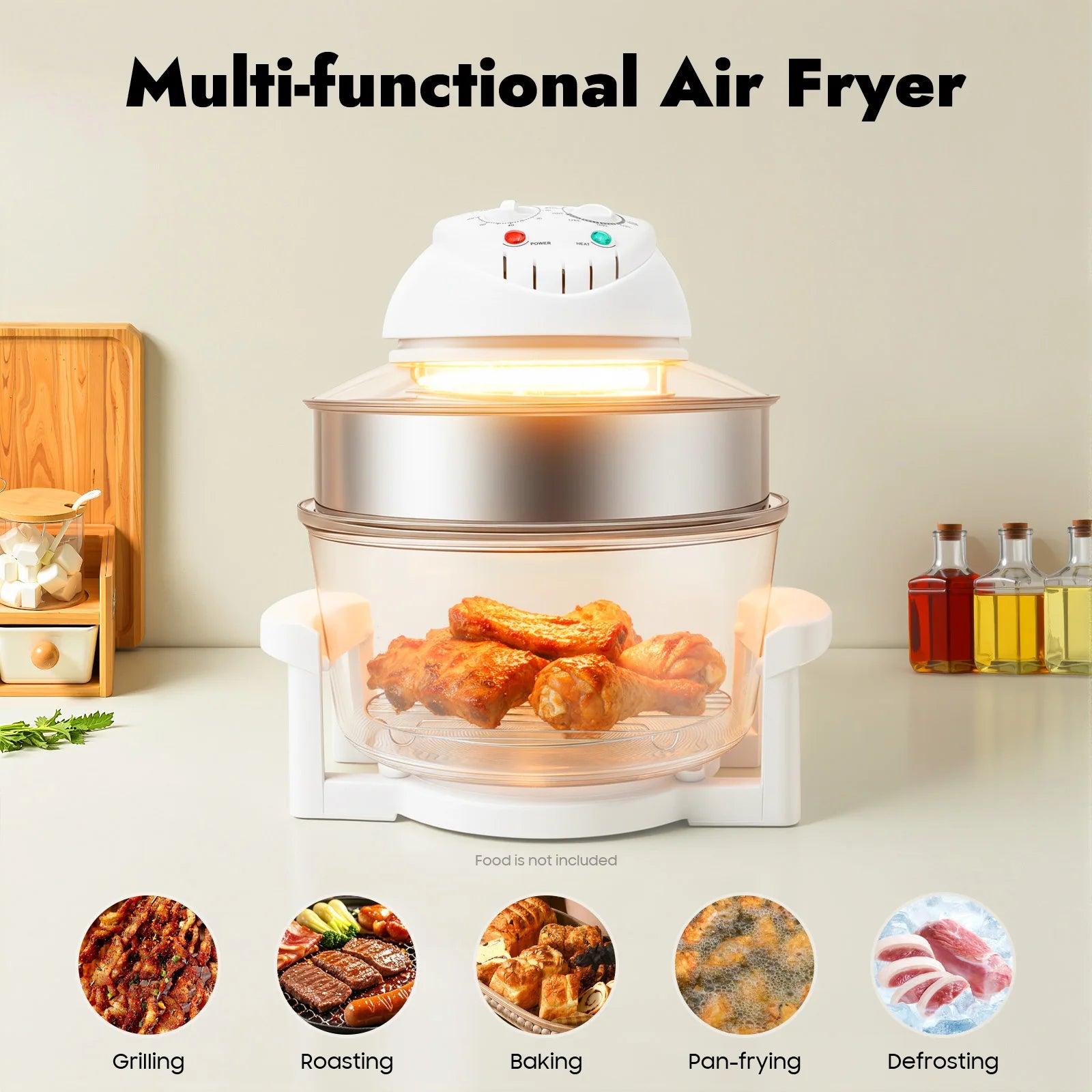 110V 17.96Qt Visual Air Fryer 1200-1400W 360° Hot Air Circulation Oil-Free Cooker with Grill Rack for Home Kitchen