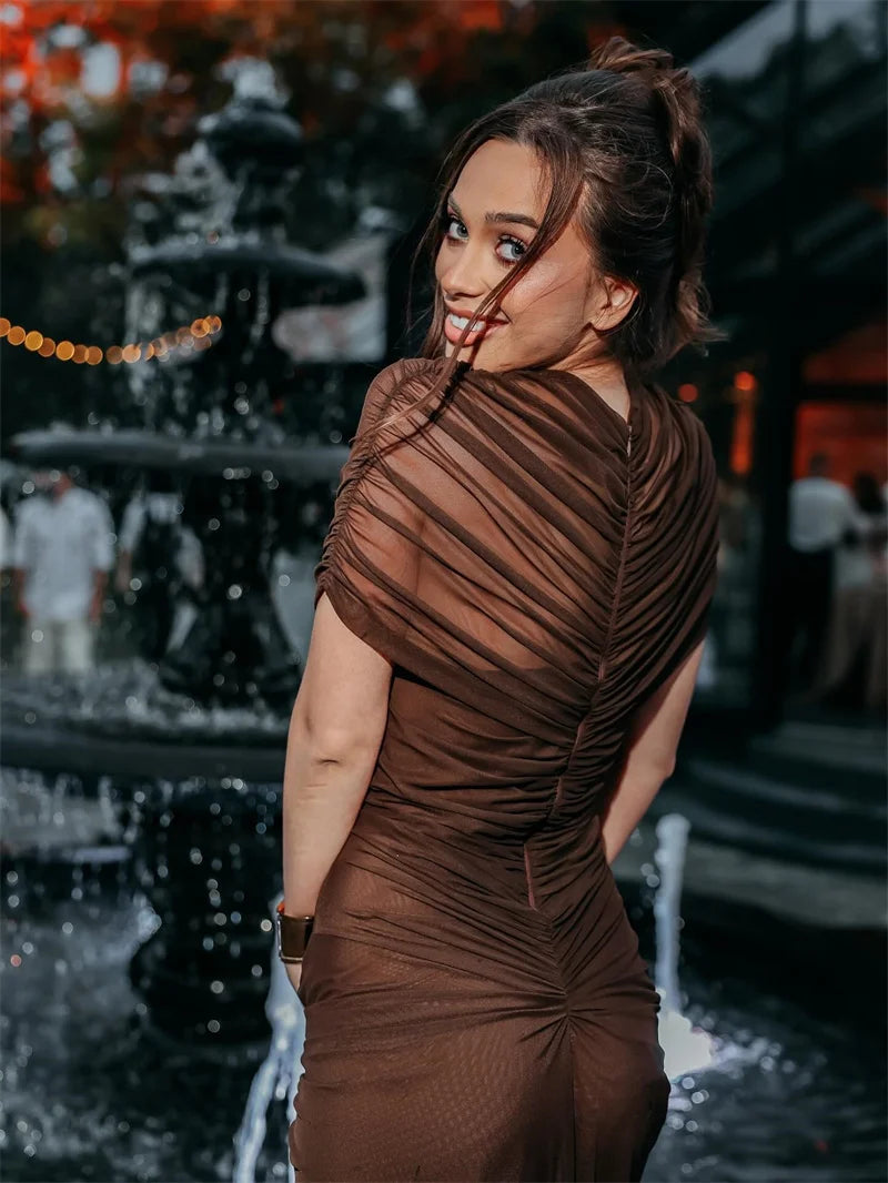 Mozision Hollow Out Short Sleeve Sexy Maxi Dress Women Fashion O Neck Ruched High Waist Bodycon Club Party Long Dress Female