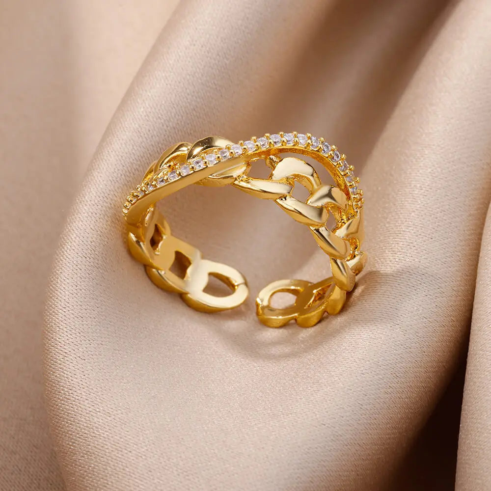 Fashion Chain Hollow Out Rings For Women Gold Color Stainless Steel Zircon Cross Open Ring Trendy Wedding Aesthetic Jewerly Gift