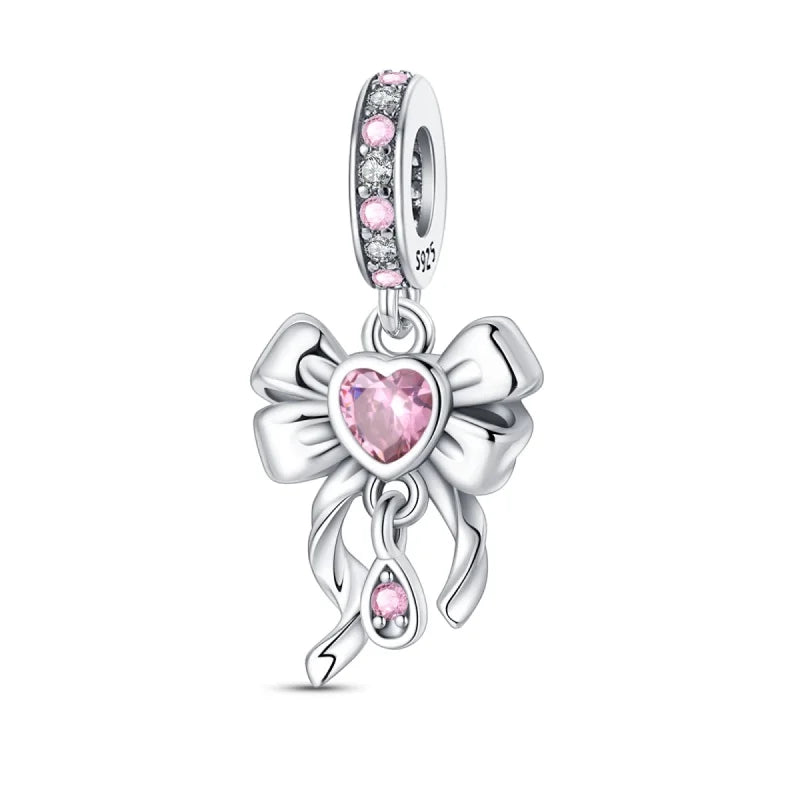 Silver Bow Charms 925 Sterling Silver Pink Heart-shaped Bow Pendants Charms Beads Fit Original S925 Bangle Bracelets DIY Jewelry