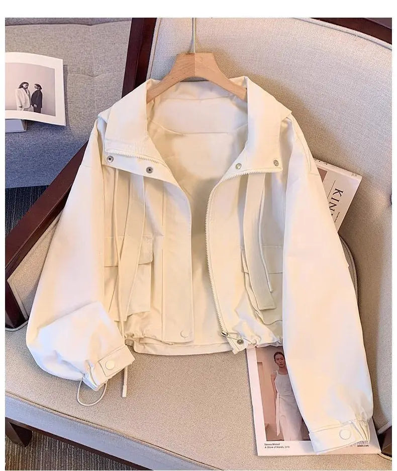 Short Hooded Jacket Women's Spring Autumn 2026 New Lady Loose Thin Work Jacket Top Solid Casual Student Zipper Outwear