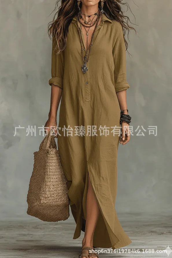 Casual Long Sleeve Loose Maxi Dress Women 2026 Summer Solid Color Turn-down Collar Beach Long Dresses Elegant Vestidos