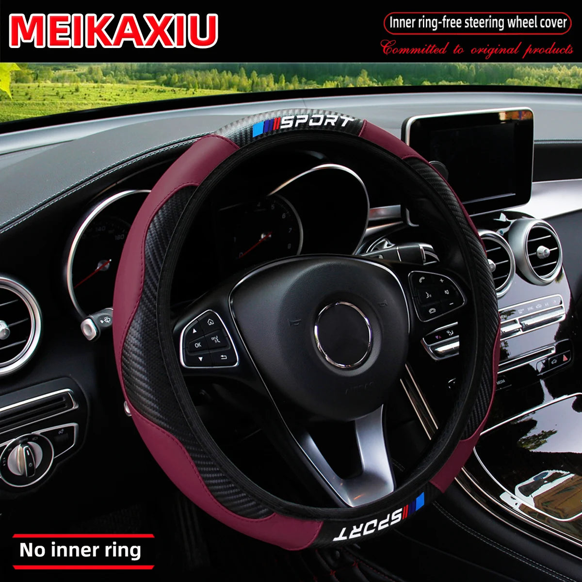 Carbon Fiber Leather Sport Steering Wheel Cover Rimless Universal Fit for 14.5-15 Inch Car Steering Wheels Decorative Accessory