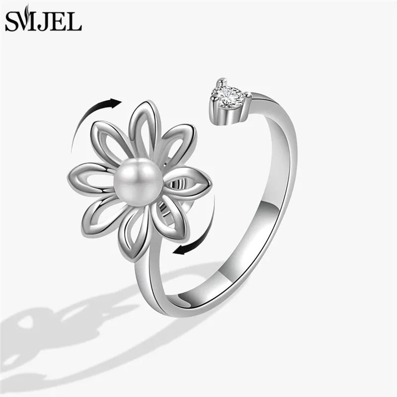 Ethnic Fashion Daisy Flower Anxiety Ring Adjustable Women Girls Worry Stress Relief Jewelry Spinning Fidget Rings Party Gifts