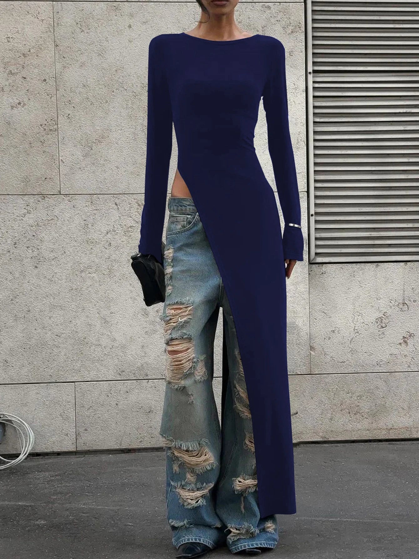 Dulzura Long Sleeves Side High Slit Maxi Dress Solid Sexy Long Dress Women’S Party Club Streetwear Autumn Winter Outfit