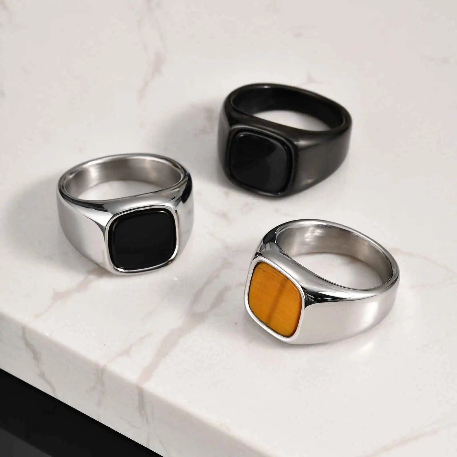 Men's High-Quality Stainless Steel Square Signet Ring with Black Glass And Natural Tiger Eye Stone - Fashion Classic Jewelry