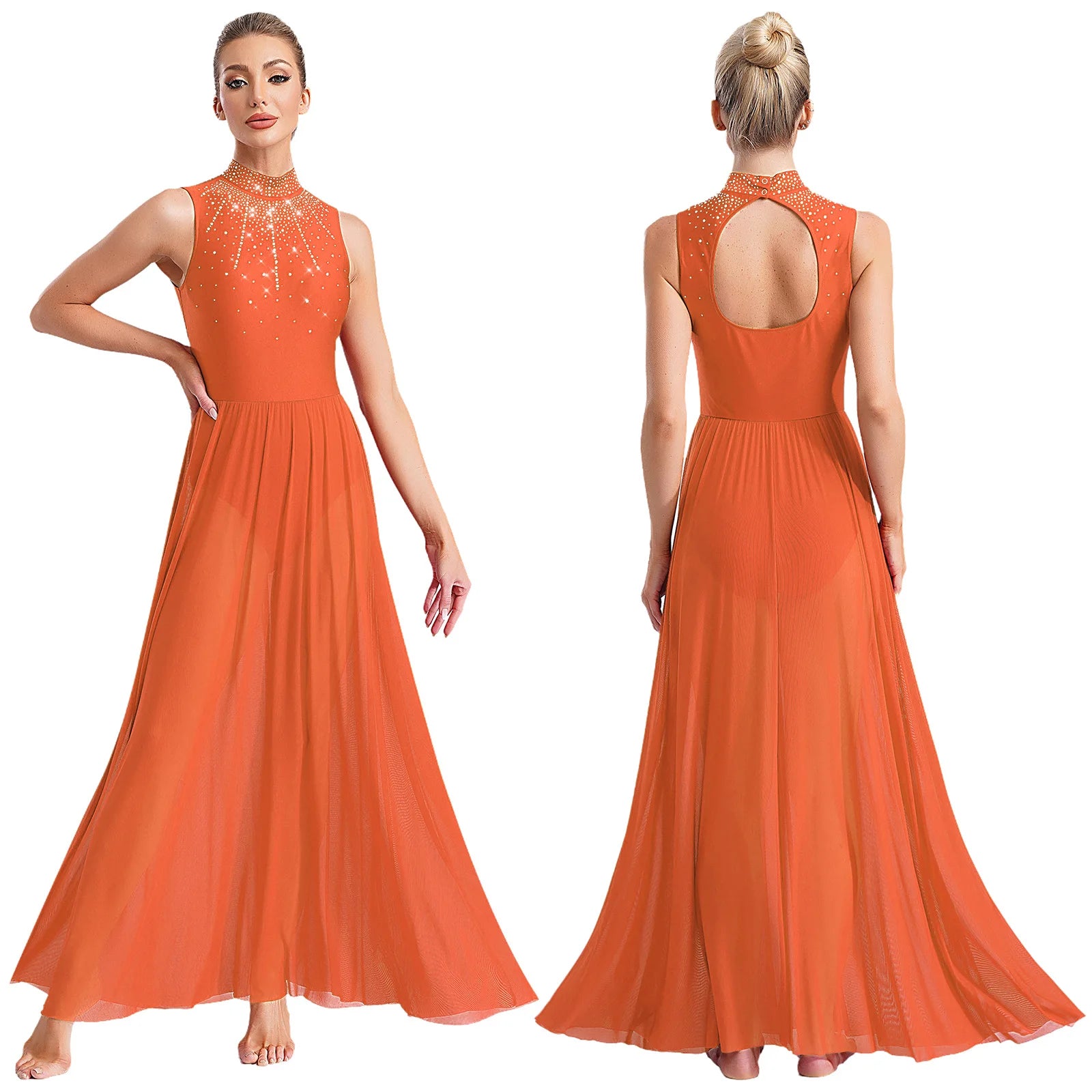 Womens Ballet Lyrical Dance Dress Cutout Back Full Length Overlay Leotard Costume Latin Rumba Tango Maxi Dress Long Dancewear
