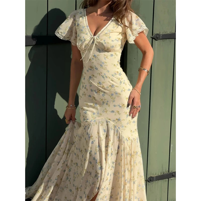 Fashion Organza Floral Printed Maxi Dress V-Neck Puff Sleeve 2026 Spring/Summer Romantic Women Party Gown Elegant Lady Vestido