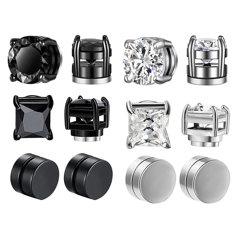 Crystal Strong Magnetic Ear Stud Clip Earrings for Men and Women Punk Round Zircon Magnet Earrings Non Piercing Jewelry