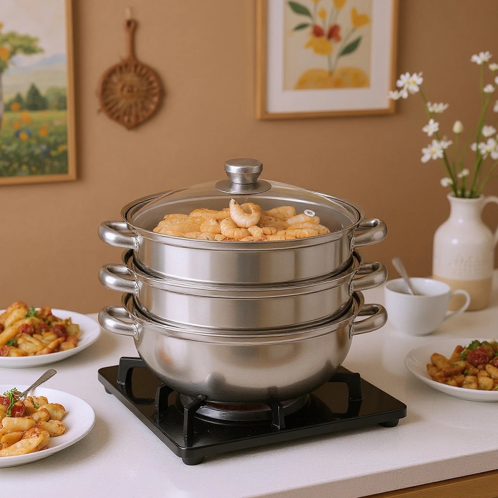 28CM Stainless Steel Steam Cooker Multi-Function 3 Tier Steamer Pot Cookware for Cooking Veg Meat Soups Seafood