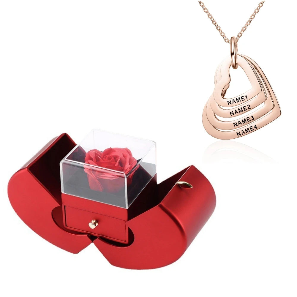 Personalized Water Drop Necklace Stainless Steel Custom Family Names 4 Layered Heart Charms Waterdrop Pendants Gift for Women