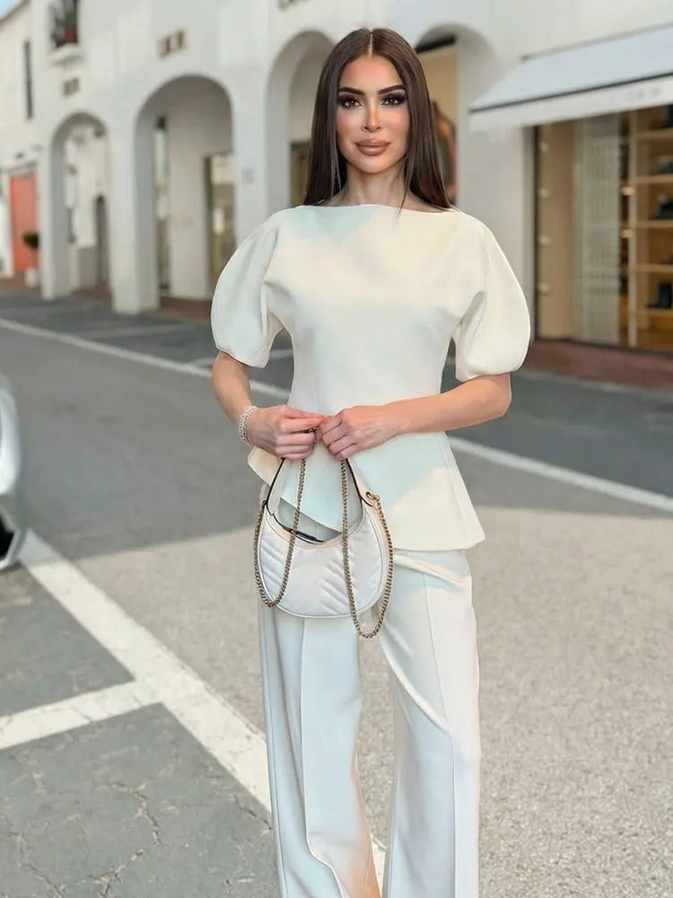 HH Women Elegant Solid Puff Sleeve Blouse Asymmetrical Hem O Neck T-Shirts 2026 Spring Fashion Female Streetwear Y2K Tops
