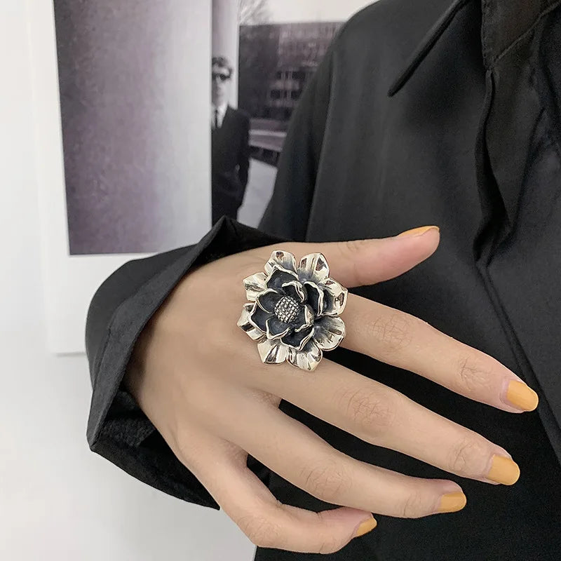 925 Sterling Silver Metal Flower Shell Geometric Rings For Women French Retro Romantic Open Thai