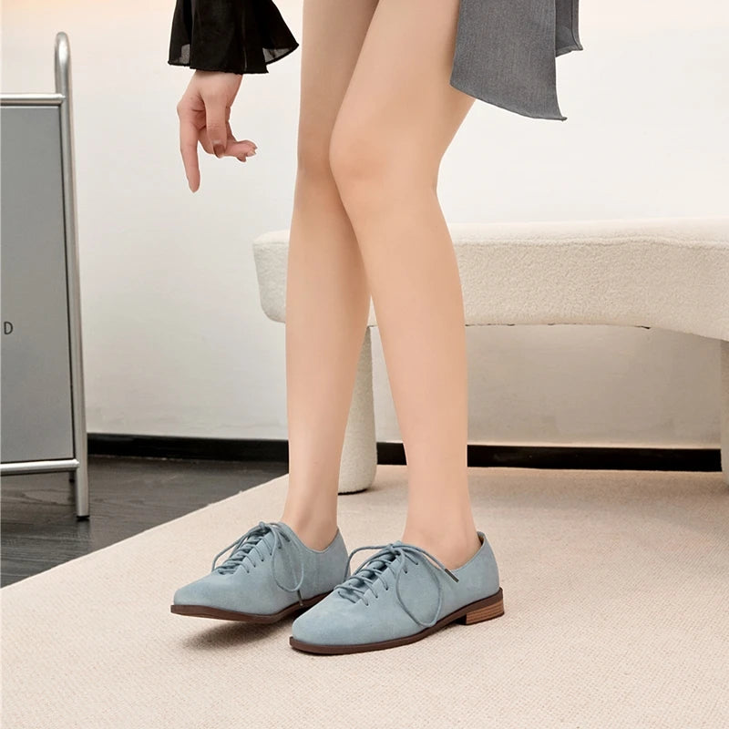Women Loafer Lace-up 2025 New Spring Shoes Women Suede Genuine Leather Women Oxford Shoes Large Size British Style Women Shoes