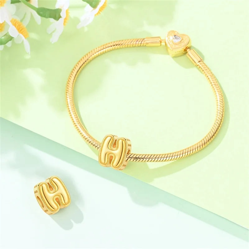 New Hot Sales 925 Sterling Silver 26 Golden Letters Charms Bead Fit Original Bracelet DIY Women Birthday Jewelry Gifts