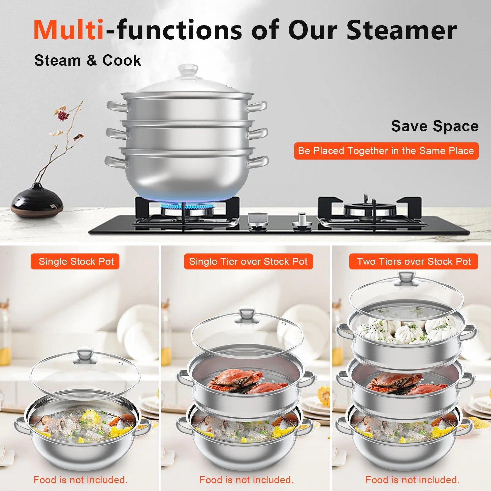 28CM Multi-Function 3 Tier Cook Food Veg Pot Large Stainless Steel Steam Cooker Steamer Kitchen