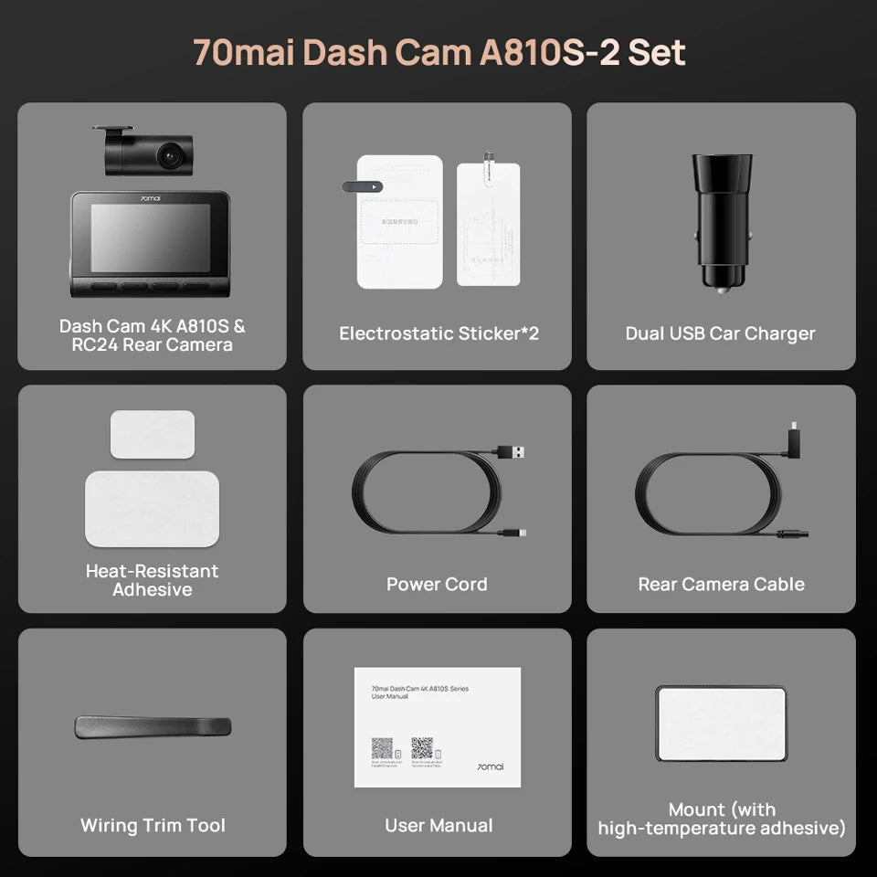 70mai Dash Cam 4K A810S HDR IMX678 Supercapacitor 4G LTE Remote Control Wi-Fi 6 Voice Control GPS ADAS Car Camera 70mai A810S