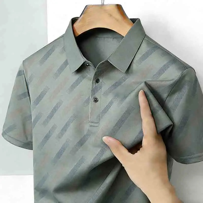 Men's Fashion Polo Shirt Short Sleeve Lapel Collar Diagonal Striped Print Casual Business Golf Tops