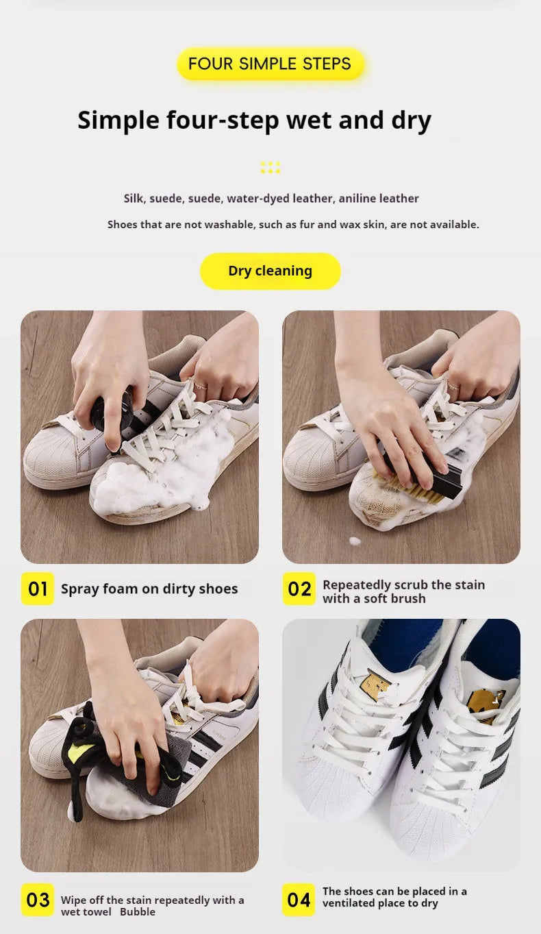 150ML Water-Free Foam Sneakers Cleaner Shoe Brush Shoe Suit Foam Dry Cleaning Shoes Cleaner Cloth Work on White Shoe Suede Boot