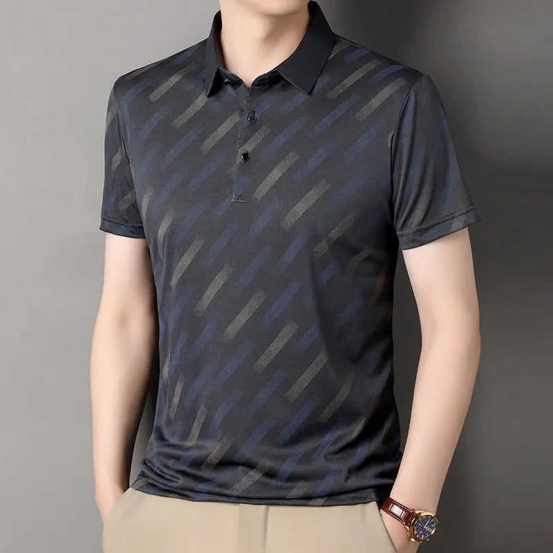 Men's Fashion Polo Shirt Short Sleeve Lapel Collar Diagonal Striped Print Casual Business Golf Tops